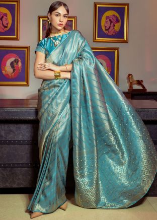 Blue Zari Woven Saree In Viscose