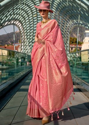Pink Zari Woven Saree In Art Silk