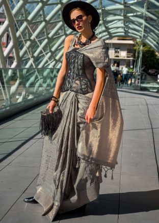 Grey Zari Woven Saree In Art Silk