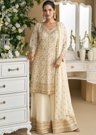 Off White Embroidered Readymade Palazzo Suit