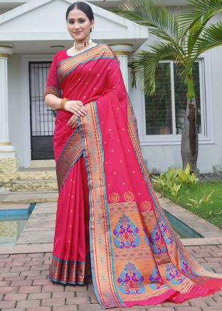 Pink Zari Woven Saree In Silk