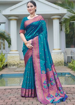 Blue Zari Woven Saree In Silk