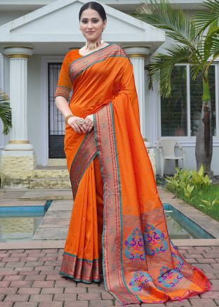 Orange Zari Woven Saree In Silk