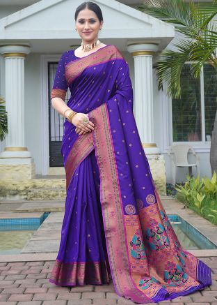 Blue Zari Woven Saree In Silk