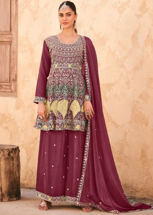 Magenta Embroidered Palazzo Salwar Suit