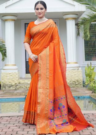 Orange Zari Woven Saree In Silk