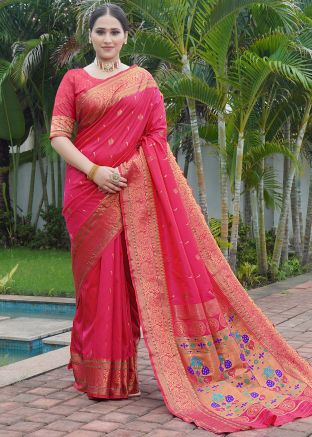 Pink Zari Woven Saree In Silk