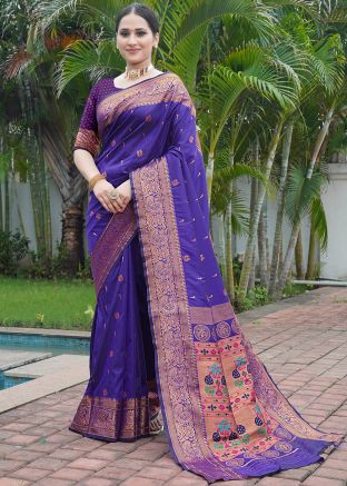 Blue Zari Woven Saree In Silk