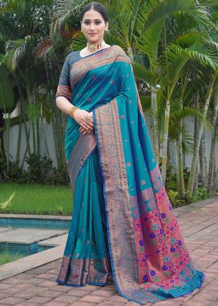 Blue Zari Woven Saree In Silk