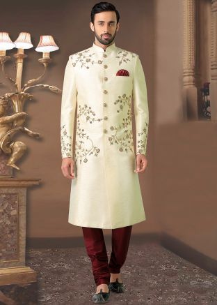 Cream Embroidered Groom Sherwani With Churidar