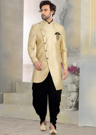 Golden Readymade Asymmetric Sherwani With Dhoti