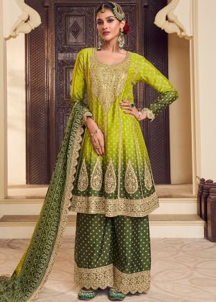 Readymade Shaded Green Bandhej Print Palazzo Suit