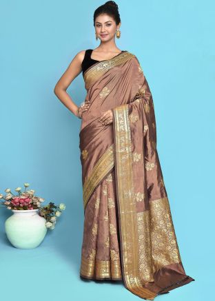 Brown Pure Silk Saree In Zari Woven Work