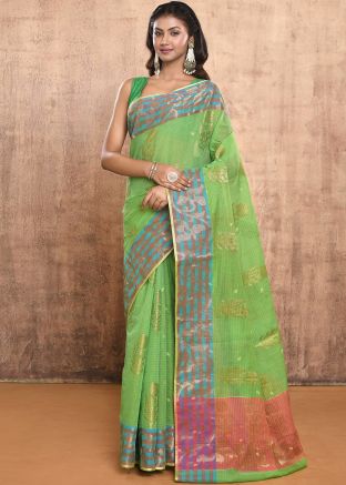 Green Zari Woven Saree In Cotton