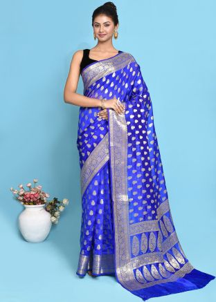 Blue Pure Silk Saree In Zari Woven Work