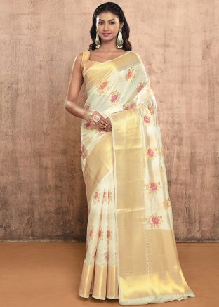 Off White Pure Silk Saree In Zari Woven Work