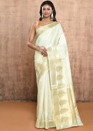 Off White Zari Woven Saree In Pure Silk