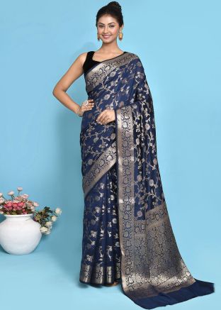 Blue Zari Woven Saree In Pure Silk