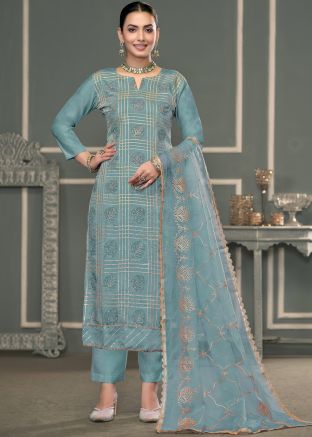 Blue Embroidered Salwar Suit Set In Cotton