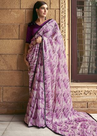 Purple Digital Print Saree In Satin