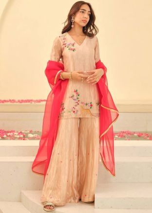 Peach Embroidered Palazzo Salwar Suit Set