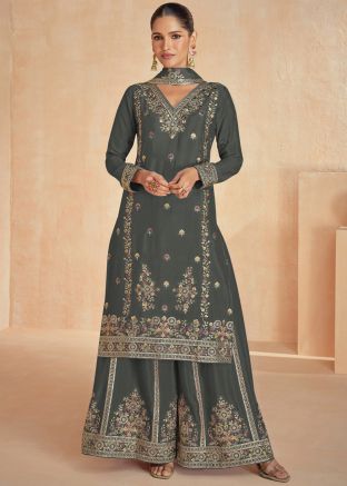 Grey Embroidered Palazzo Salwar Suit Set