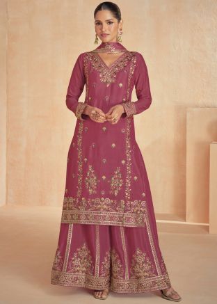 Pink Embroidered Palazzo Salwar Suit In Georgette
