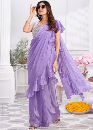Purple Readymade Ruffled Satin Silk Saree 