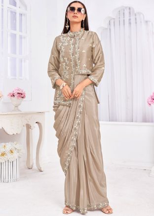 Beige Readymade Jacket Style Saree In Tussar Silk