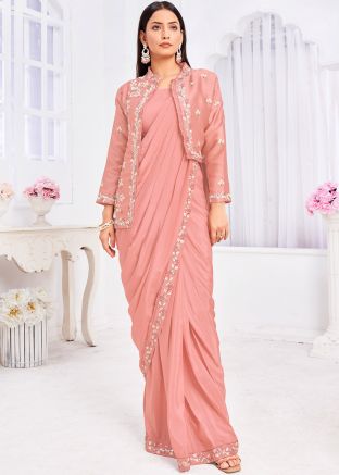 Peach ReadymadeTussar Silk Saree In Jacket Style