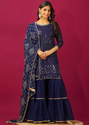 Readymade Navy Blue Embroidered Sharara Suit