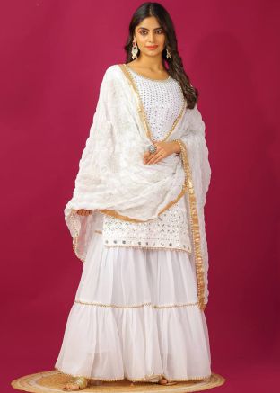 White Embroidered Readymade Sharara Suit