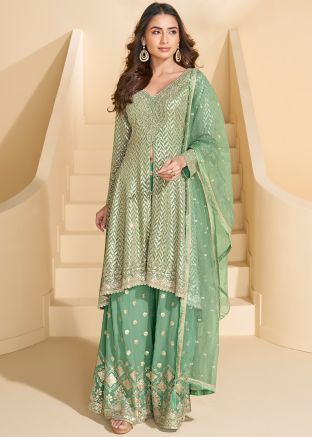 Readymade Green Embellished Slitted Palazzo Suit