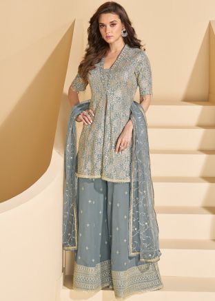 Grey Readymade Embroidered Slitted Palazzo Suit