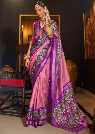 Pink Print Saree In Art Silk