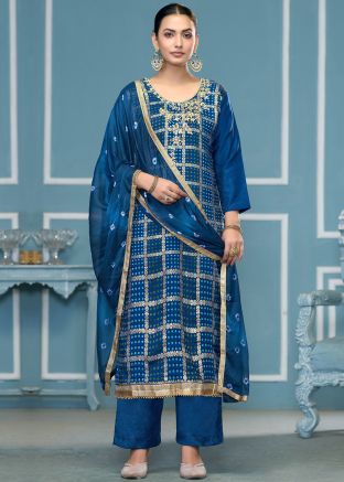 Blue Bandhej Print Pant Suit In Cotton