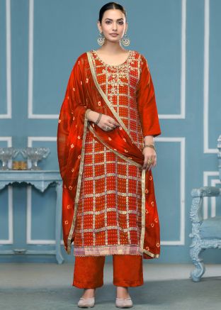 Orange Cotton Pant Suit In Bandhej Print