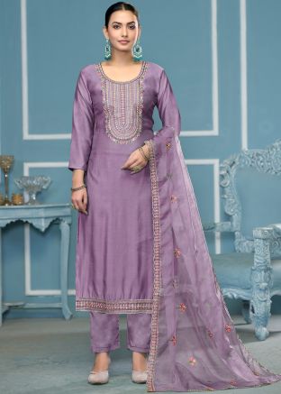 Purple Embroidered Pant Suit In Cotton