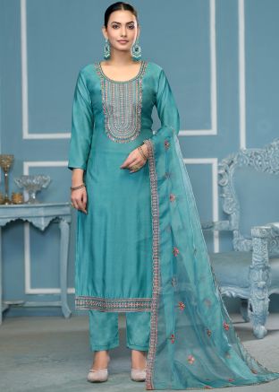 Turquoise Embroidered Cotton Pant Suit