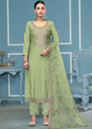 Green Cotton Pant Suit In Hand Work Embroidery