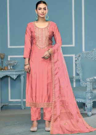Coral Pink Hand Work Embroidered Pant Suit