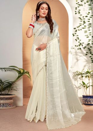 White Organza Saree In Stone Work