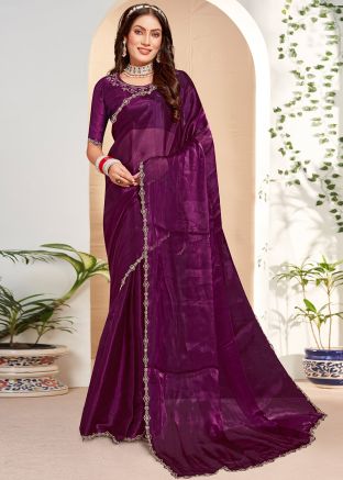 Purple Stone Work Saree In Organza & Blouse