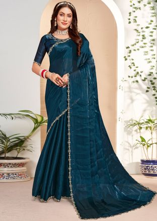 Blue Organza Saree In Stone Work