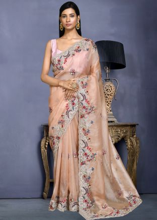 Peach Stone Work Saree In Net