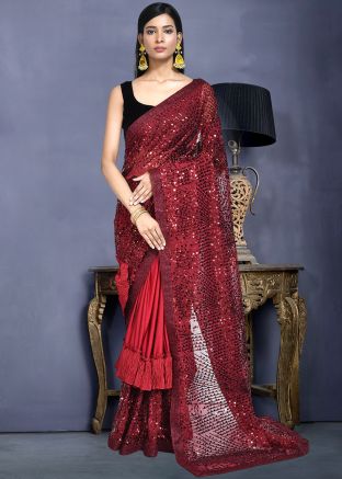 Red Embroidered Saree In Art Silk
