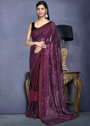 Purple Sequins Embroidered Saree In Art Silk
