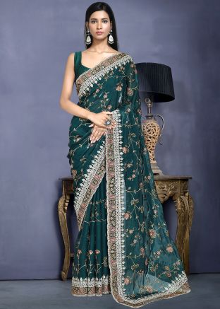 Teal Green Embroidered Saree In Satin