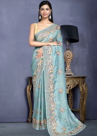 Blue Embroidered Saree In Net