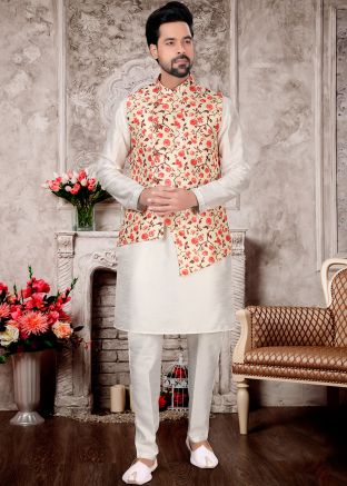 Readymade White Kurta Pajama & Asymmetric Nehru Jacket
